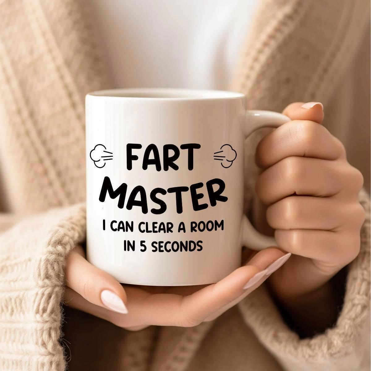Tailorly White Ceramic 11 oz Mug - Fart Master I Can Clear A Room In 5 Seconds Minimalist Cartoon Smoke Puffs Accompanying Humorous Text On A Ceramic Mug