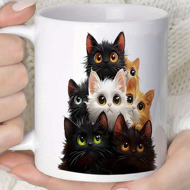 Tailorly White Ceramic 11 oz Mug - Adorable Fluffy Colorful Small Group Of Little Felines With Big Sparkling Eyes Kittens