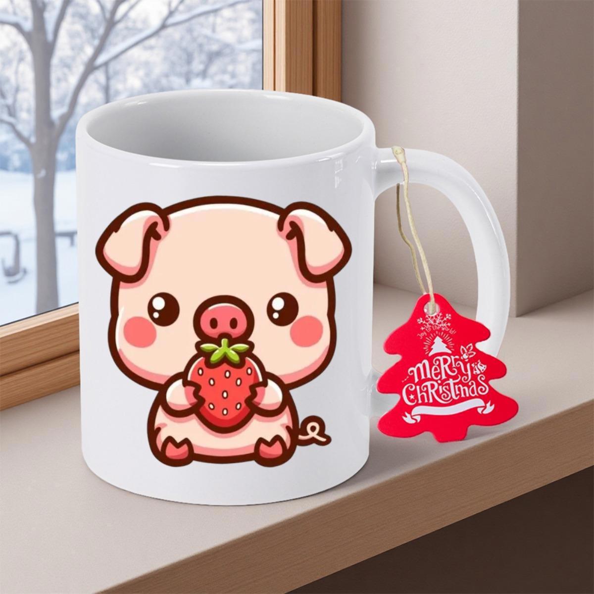 Tailorly White Ceramic 11 oz Mug - Merry Christmas Adorable Pink Cartoon Character Holding A Ripe Red Strawberry Fruit Pig