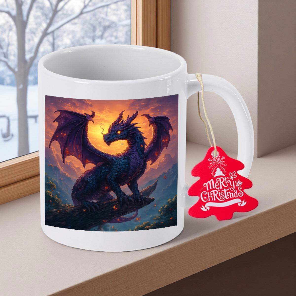 Tailorly White Ceramic 11 oz Mug - Merry Christmas Majestic Mythical Creature Spreading Large Wings In Glowing Evening Sunset Dragon