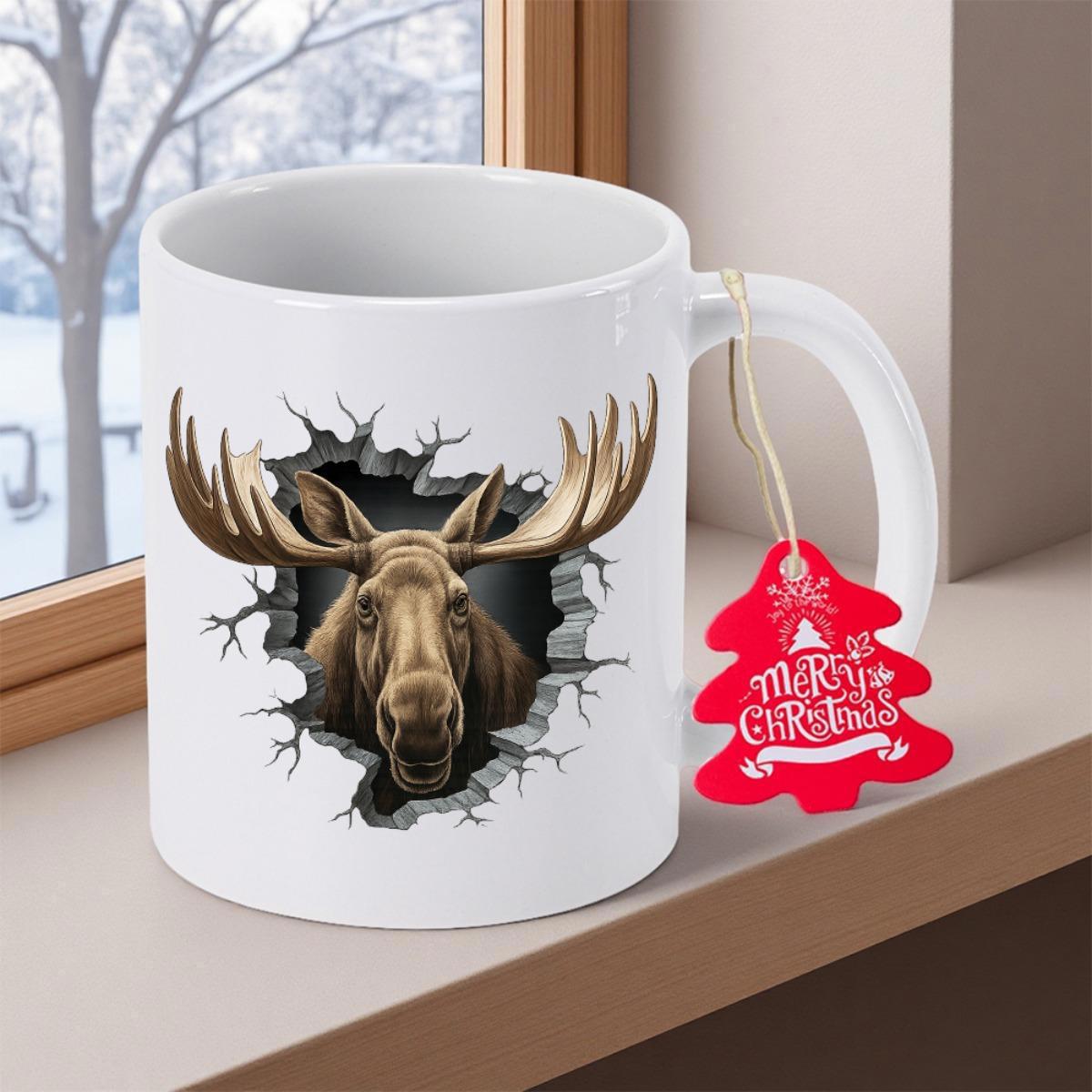 Tailorly White Ceramic 11 oz Mug - Majestic Animal Bursting Through A Cracked Stone Wall Effect Realistic Moose