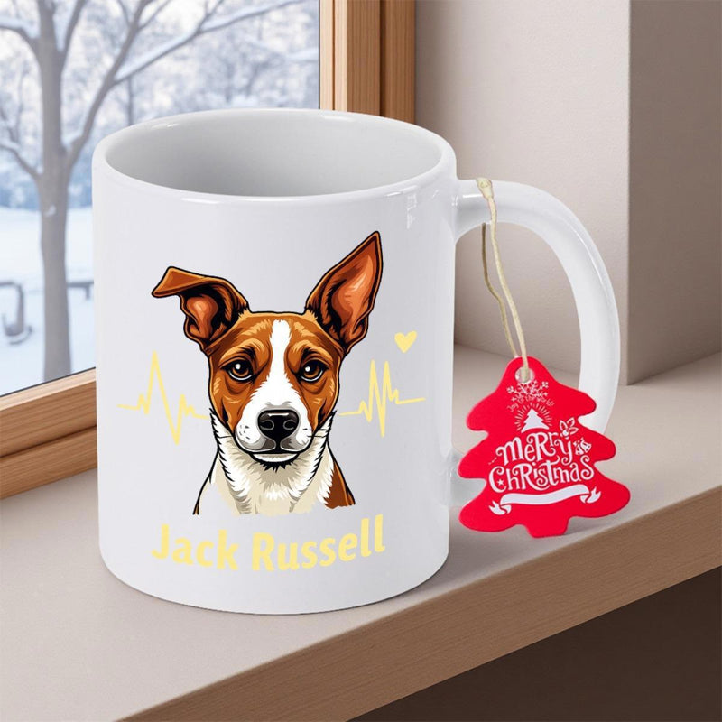 Tailorly White Ceramic 11 oz Mug - Jack Russell Merry Christmas Hand Drawn Artistic Illustration Of A Brown And White Alert Dog
