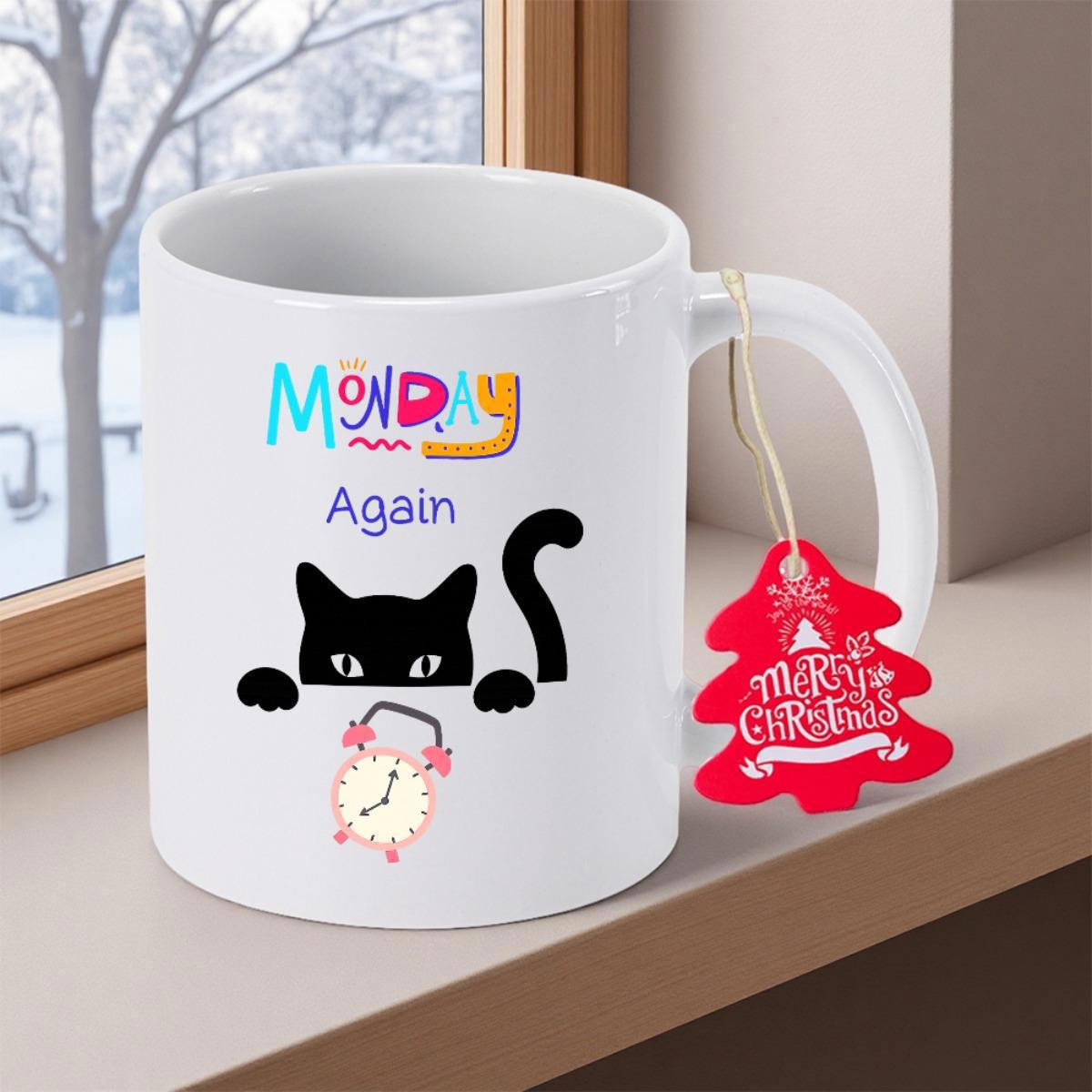 Tailorly White Ceramic 11 oz Mug - Monday Again Minimalist Black Peeking Cat Above A Cute Pink Ringing Alarm Clock Cat