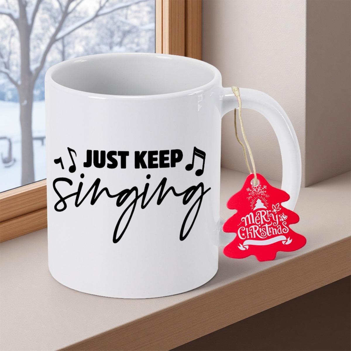 Tailorly White Ceramic 11 oz Mug - Just Keep Singing Minimalist Musical Note Icons On Smooth White Glazed Surface Mug