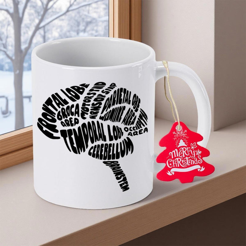 Tailorly White Ceramic 11 oz Mug - Frontal Lobe Temporal Lobe Cerebellum Anatomical Diagram Designed With Scientific Terminology Words In Silhouette Brain
