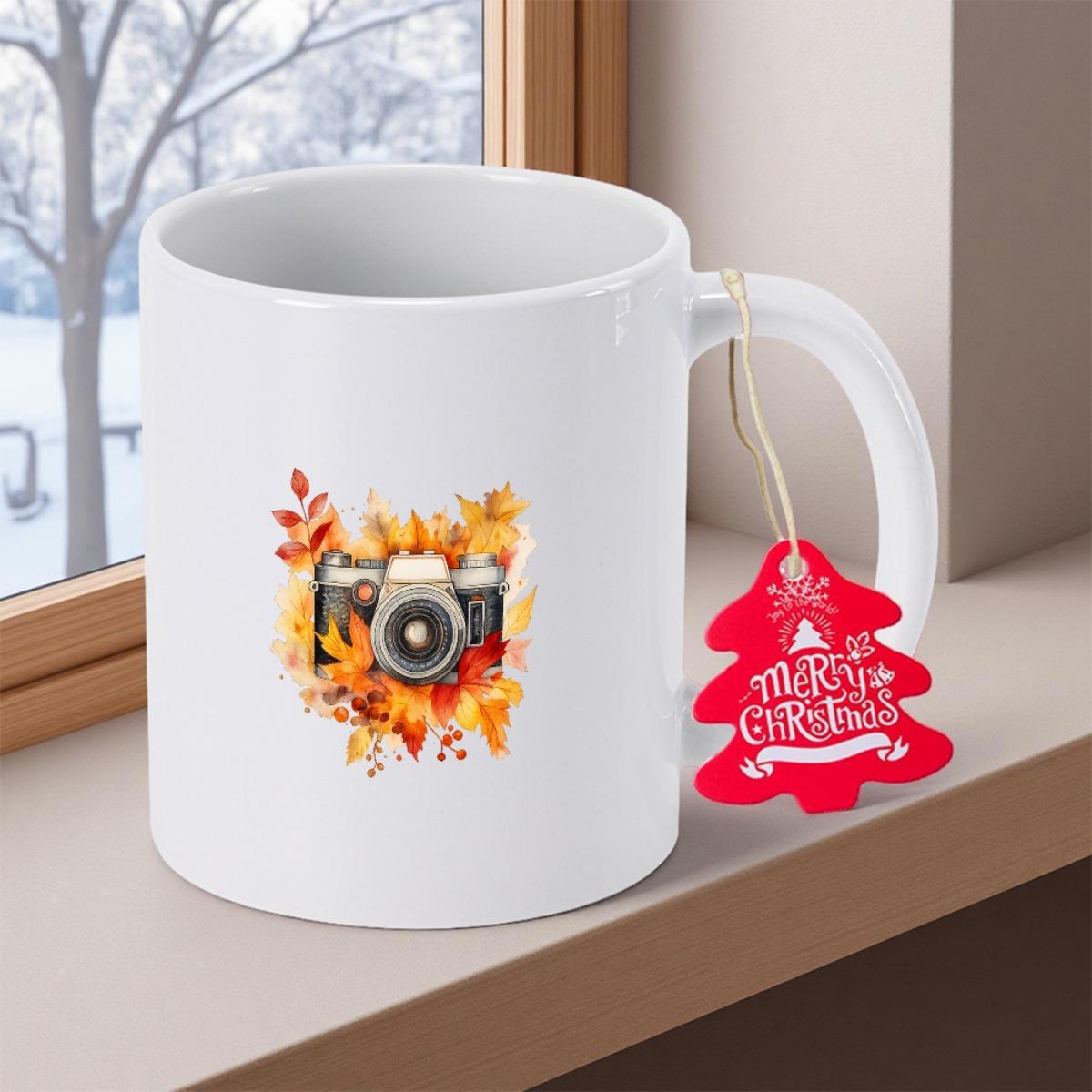 Tailorly White Ceramic 11 oz Mug - Merry Christmas Vintage Style Camera Surrounded By Vibrant Golden Fallen Maple Leaves Camera