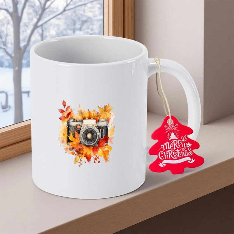 Tailorly White Ceramic 11 oz Mug - Merry Christmas Vintage Style Camera Surrounded By Vibrant Golden Fallen Maple Leaves Camera