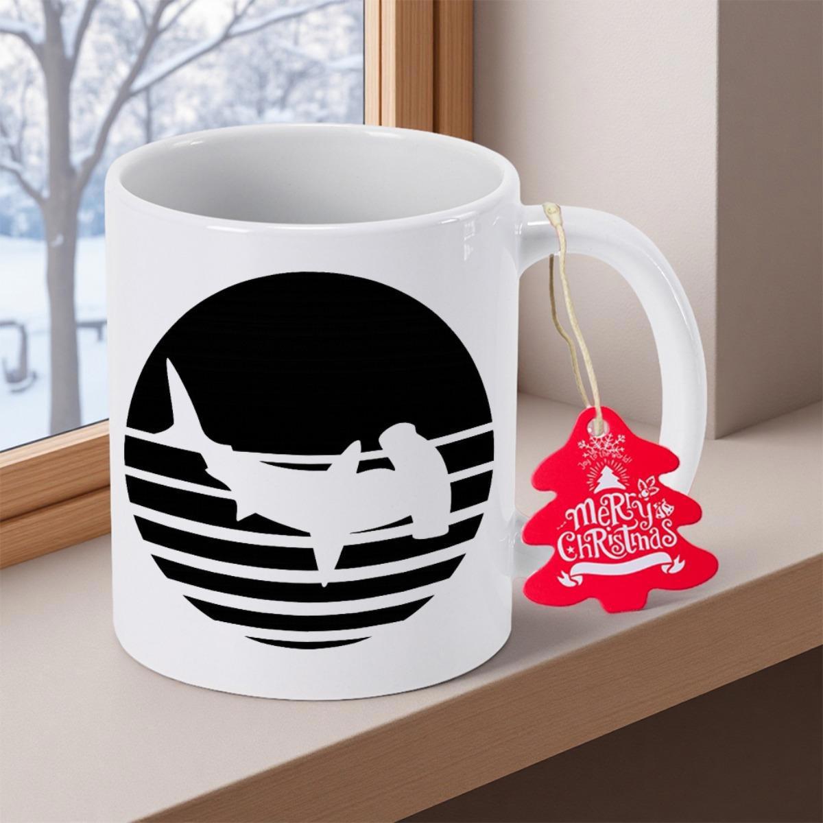 Tailorly White Ceramic 11 oz Mug - Majestic Silhouette Swimming Within A Vintage Retro Sunset Circle Hammerhead Shark