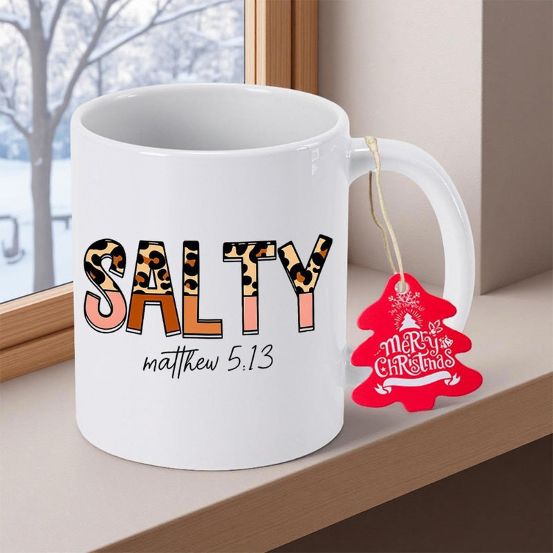 Tailorly White Ceramic 11 oz Mug - Salty Matthew 5.13 Minimalist White Ceramic With Bold Leopard Print Text And Script Verse Mug