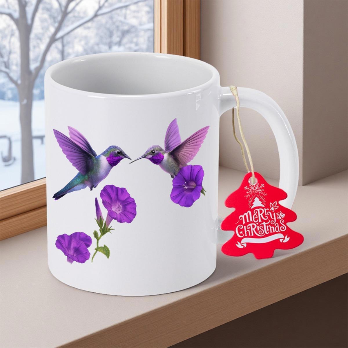 Tailorly White Ceramic 11 oz Mug - Merry Christmas Elegant Purple Hummingbirds Hovering Gracefully Among Vibrant Blooming Petals Hummingbird
