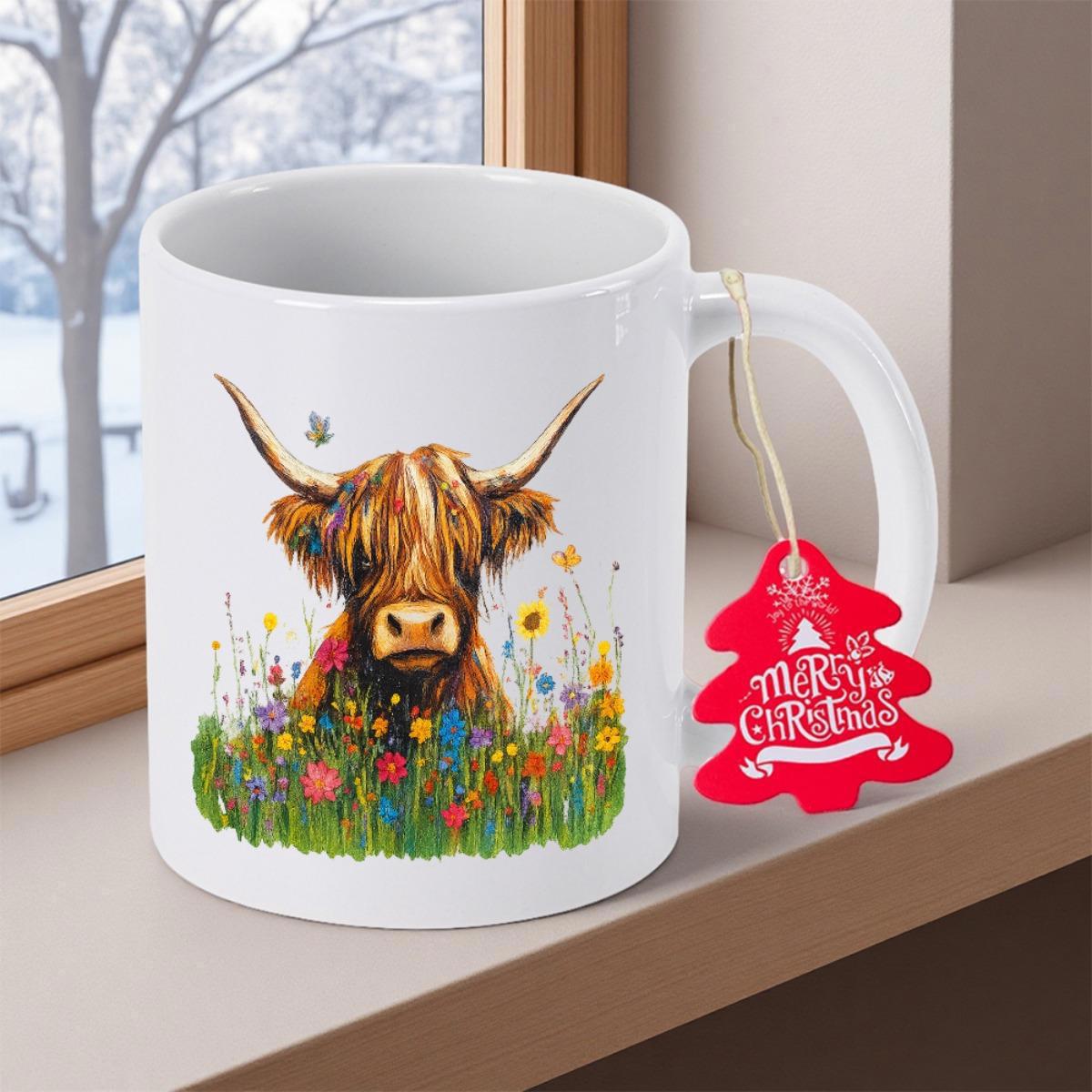 Tailorly White Ceramic 11 oz Mug - Merry Christmas Shaggy Brown Highland Cow Amidst Colorful Blooming Summer Wildflowers Under Sunlight Cow