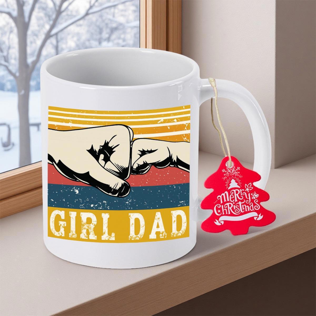 Tailorly White Ceramic 11 oz Mug - Girl Dad Vintage Retro Sunset Background With Two Hands Touching In Fist Bump
