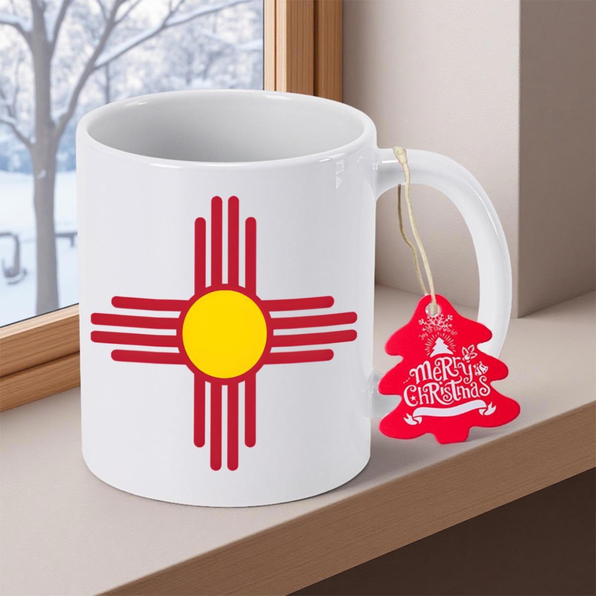 Tailorly White Ceramic 11 oz Mug - Merry Christmas Traditional Red And Yellow Radiant Symbol Of New Mexico State Sun