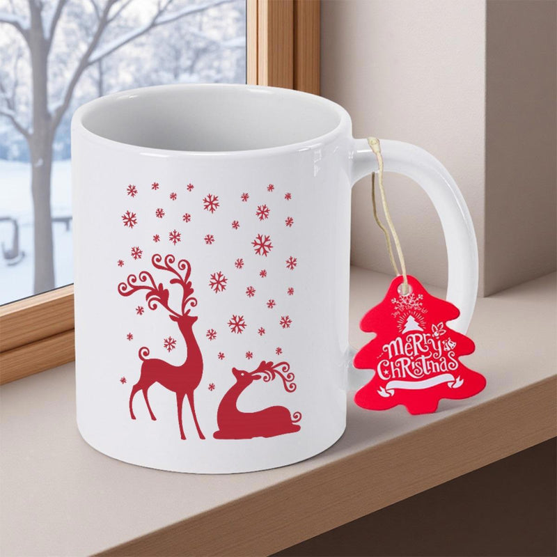 Tailorly White Ceramic 11 oz Mug - Merry Christmas Elegant Red Silhouettes Standing Among Delicate Falling Snowflakes In Winter Reindeer