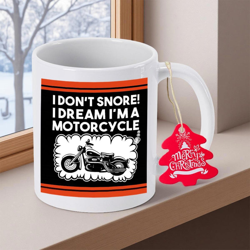 Tailorly White Ceramic 11 oz Mug - I Dont Snore I Dream Im A Motorcycle Detailed Classic Cruiser Silhouette Within Decorative White Smoke Cloud Frame Motorcycle