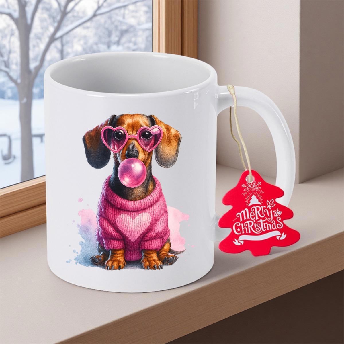 Tailorly White Ceramic 11 oz Mug - Merry Christmas Cute Wearing Pink Heart Glasses Blowing Bubblegum Bubble In Sweater Dachshund