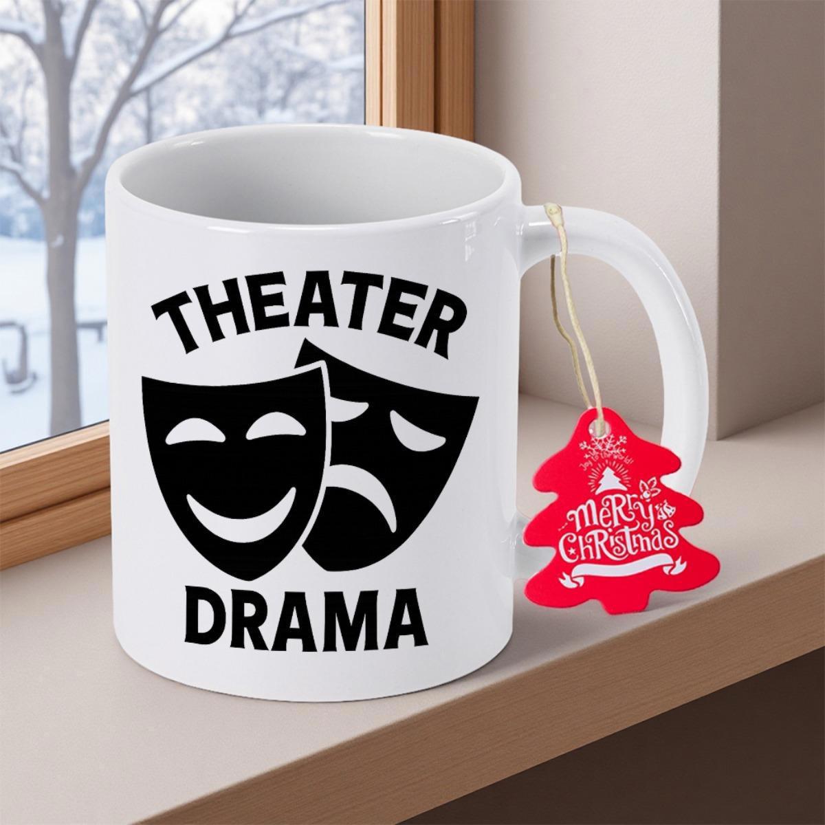 Tailorly White Ceramic 11 oz Mug - Theater Drama Classic Comedy And Tragedy Masks Symbolic Performance Art Mask