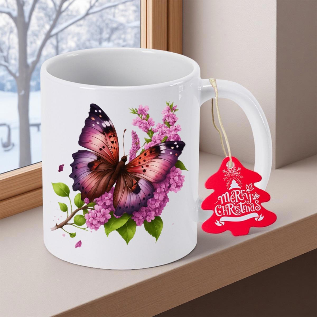 Tailorly White Ceramic 11 oz Mug - Merry Christmas Vibrant Purple Butterfly Resting On Blooming Pink Flowers And Leaves Butterfly