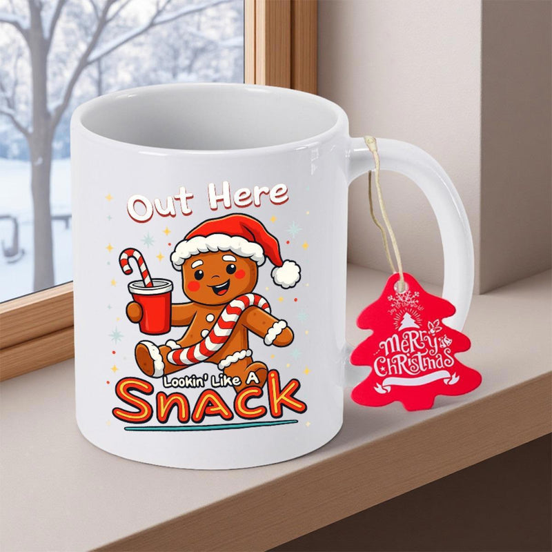 Tailorly White Ceramic 11 oz Mug - Out Here Lookin Like A Snack Festive Christmas Gingerbread Man Wearing Red Santa Hat Holding Holiday Drink Gingerbread Man