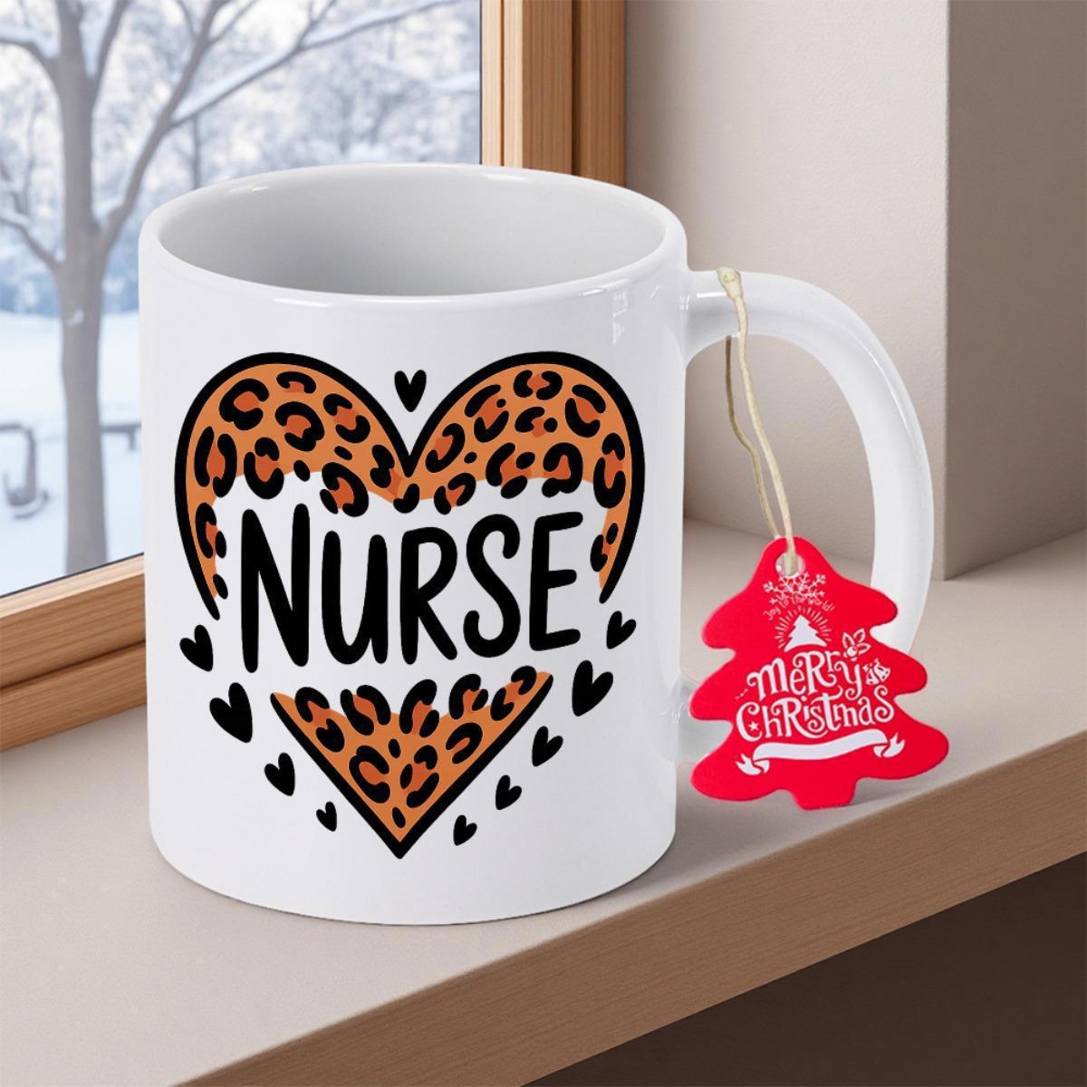 Tailorly White Ceramic 11 oz Mug - Nurse Leopard Print Pattern Decorated Heart Framed By Delicate Small Black Tiny Hearts Heart