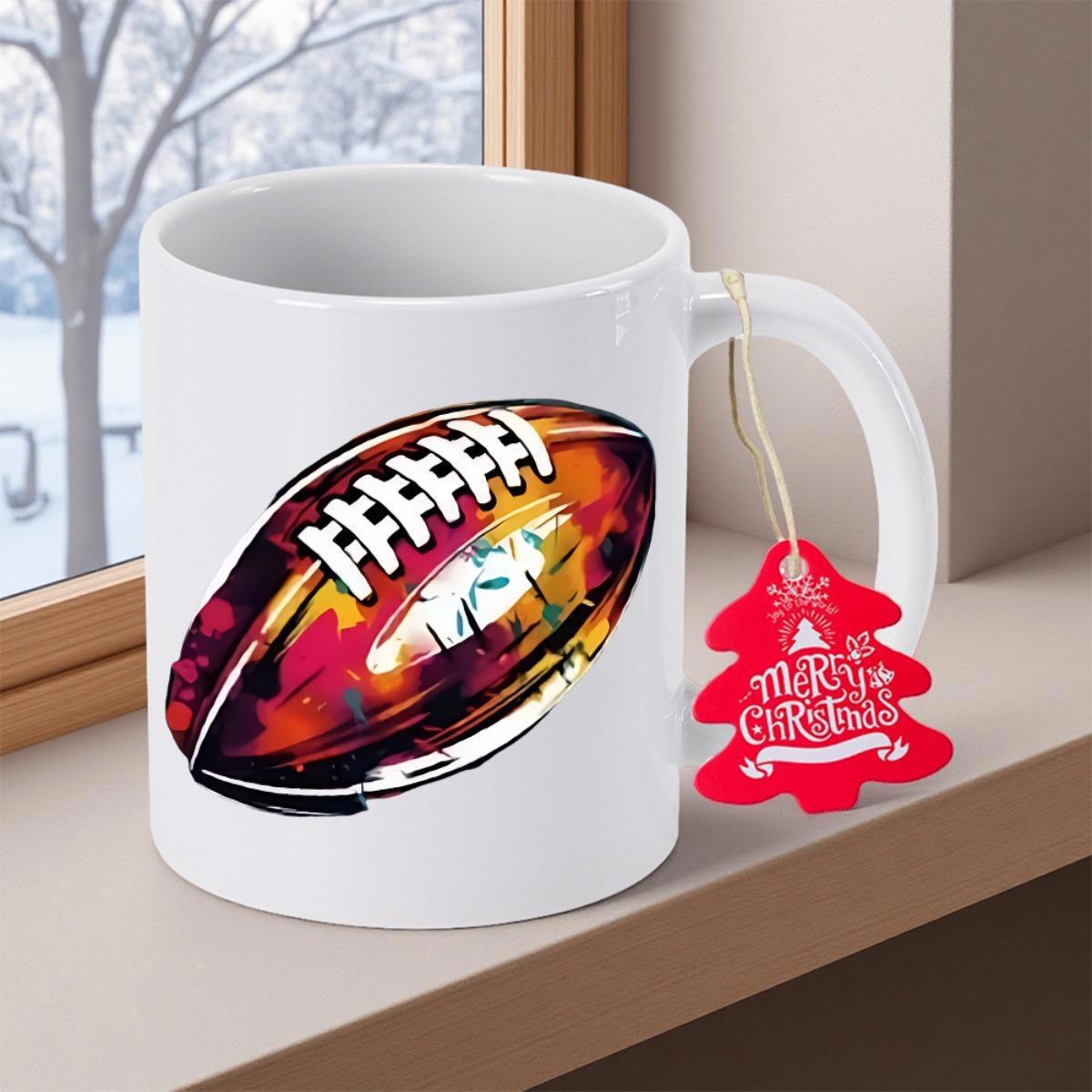 Tailorly White Ceramic 11 oz Mug - Merry Christmas Artistic Vibrant Watercolor Pattern Splashed Across A Classic American Sports Football