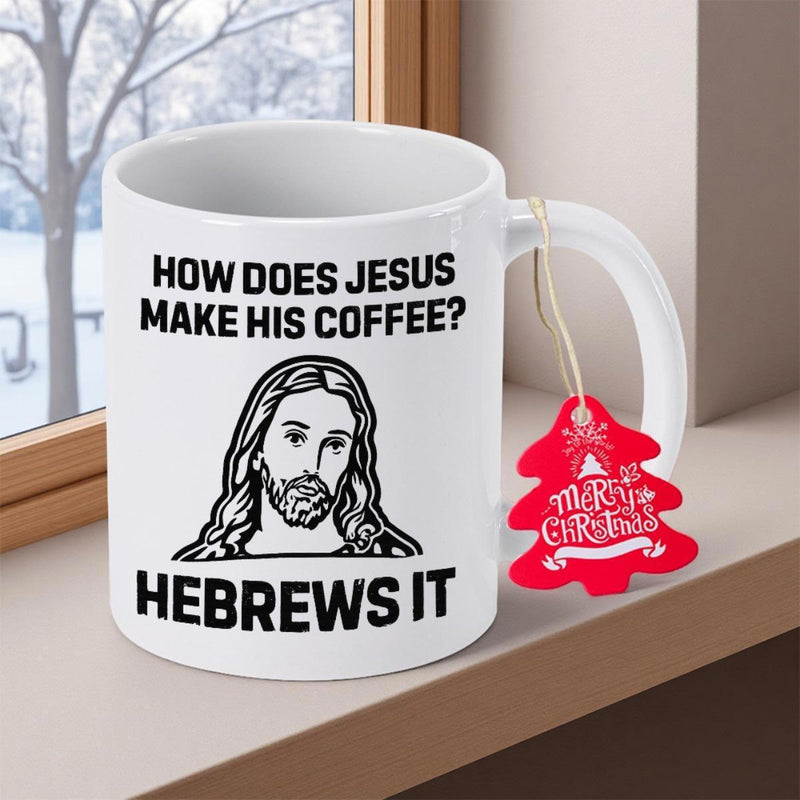 Tailorly White Ceramic 11 oz Mug - How Does Jesus Make His Coffee Hebrews It Detailed Line Art Illustration Featuring Serene Religious Figure With Long Flowing