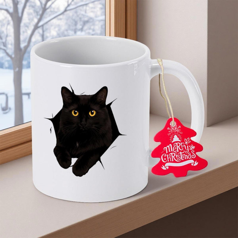 Tailorly White Ceramic 11 oz Mug - Merry Christmas Adorable Peeping Animal From Cracked Wall With Bright Yellow Eyes Cat