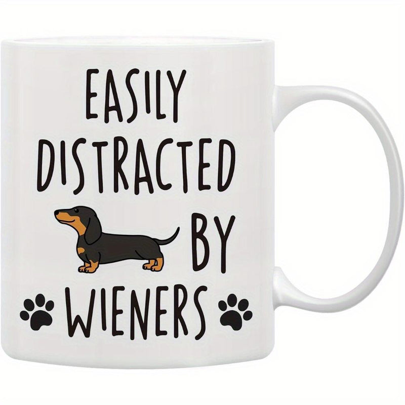 Tailorly White Ceramic 11 oz Mug - Easily Distracted By Wieners Short Legged Black And Tan Puppy Surrounded By Tiny Paw Prints Dachshund