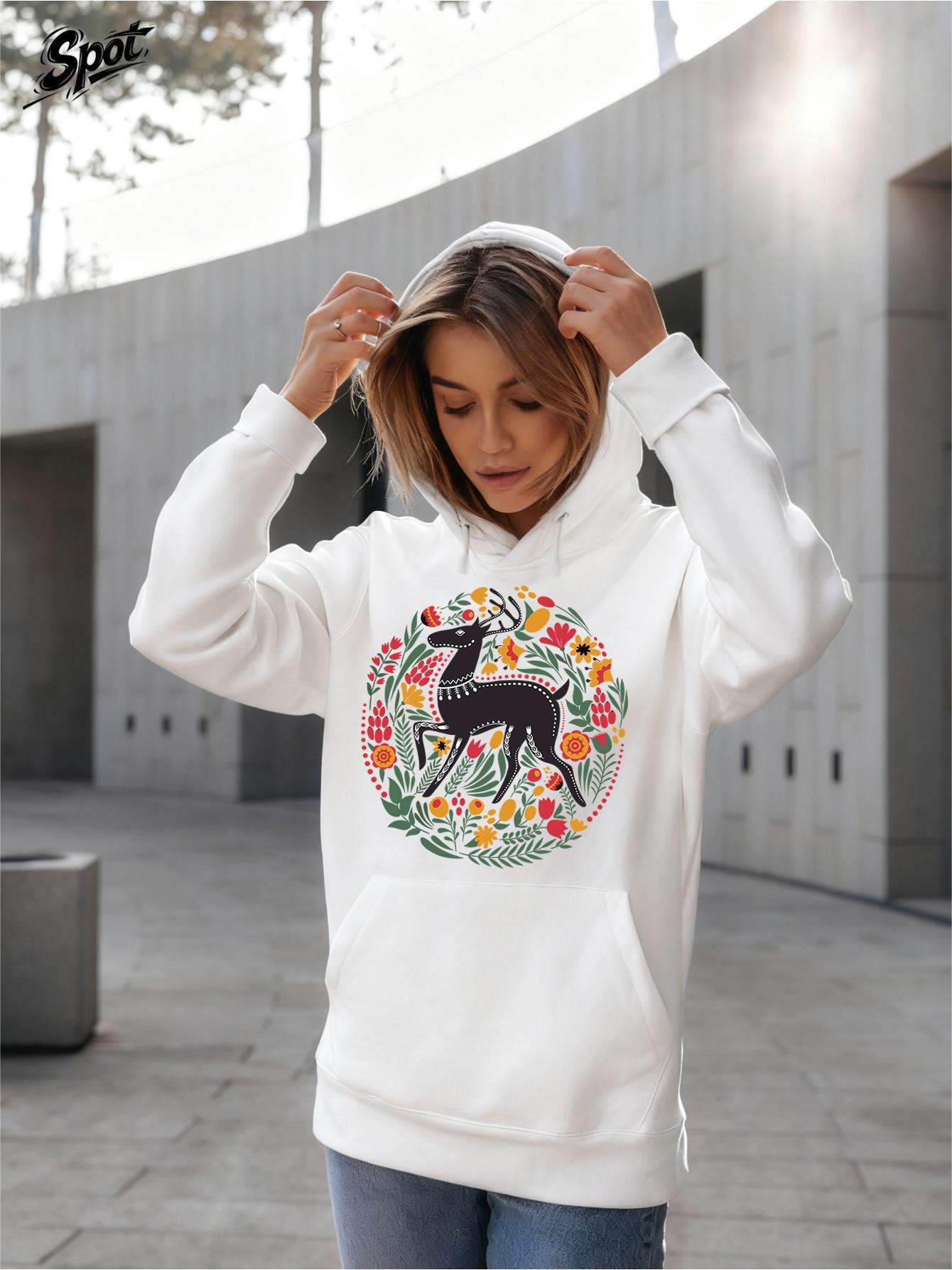 Tailorly Women's Printed Hoodie - Colorful Floral Circle With Majestic Standing Black Deer