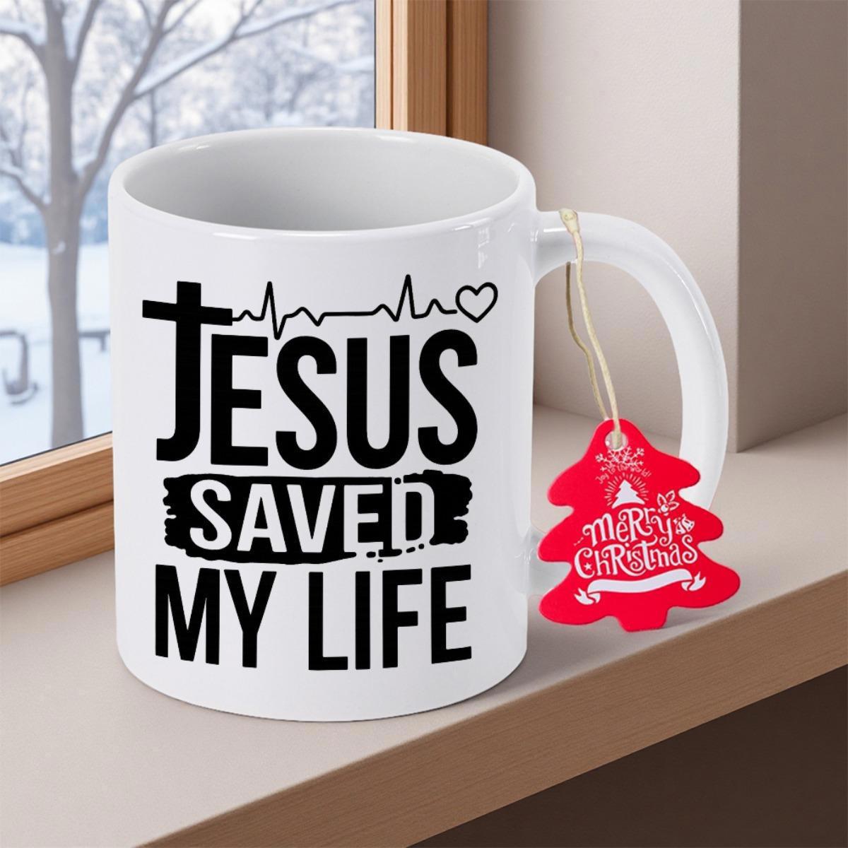 Tailorly White Ceramic 11 oz Mug - Jesus Saved My Life Elegant White Ceramic Vessel Featuring Bold Black Script And Heartbeat Lines Mug