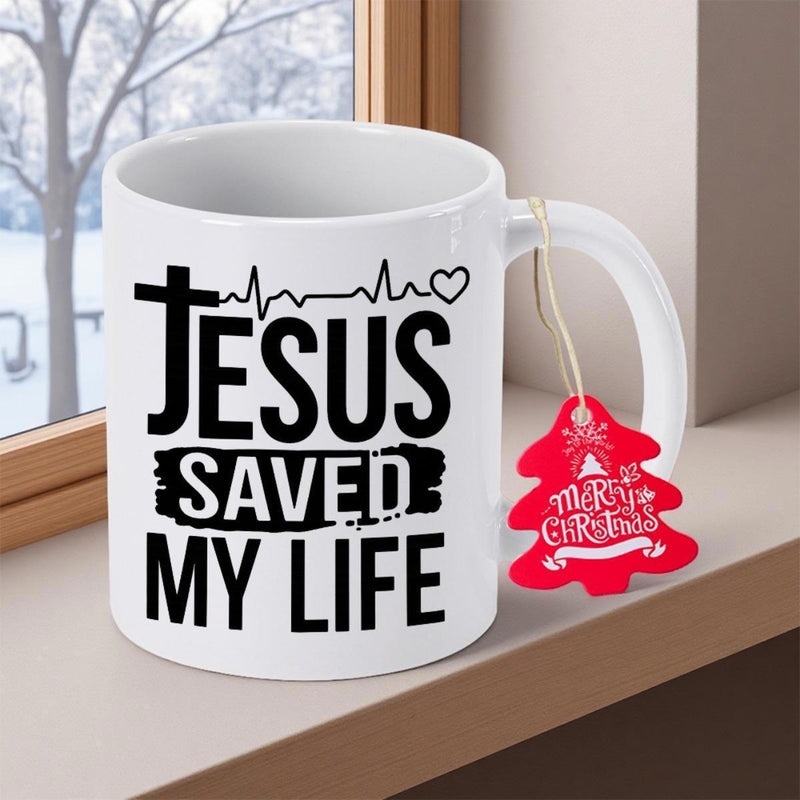 Tailorly White Ceramic 11 oz Mug - Jesus Saved My Life Elegant White Ceramic Vessel Featuring Bold Black Script And Heartbeat Lines Mug