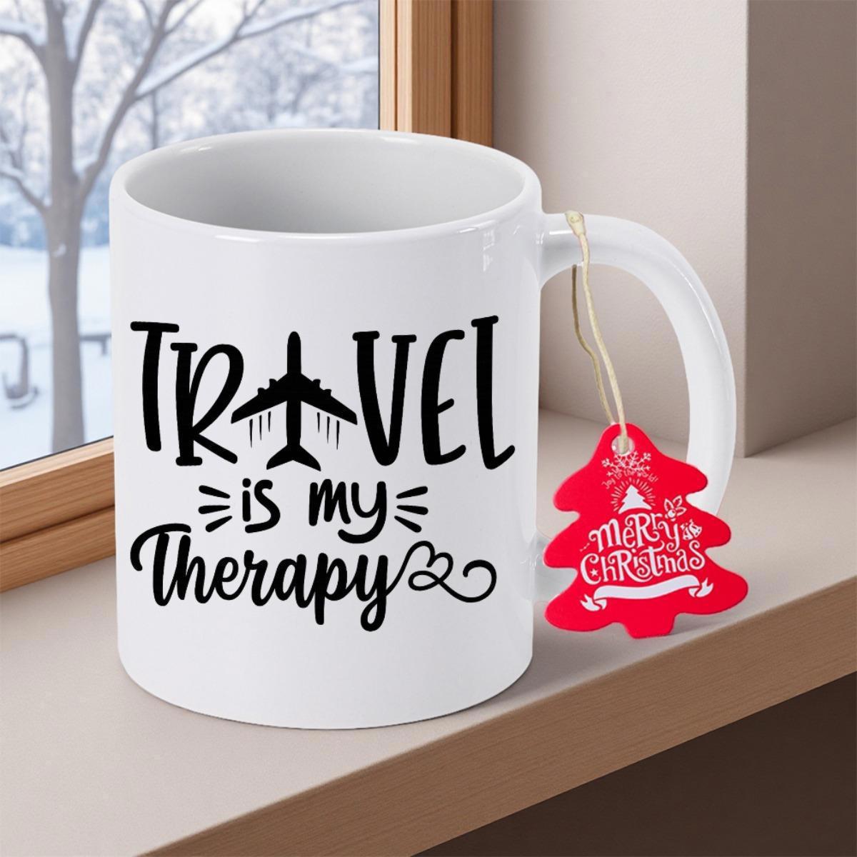 Tailorly White Ceramic 11 oz Mug - Travel Is My Therapy Minimalist Black Ink Typography Featuring Stylized Airplane Icon Ceramic Mug