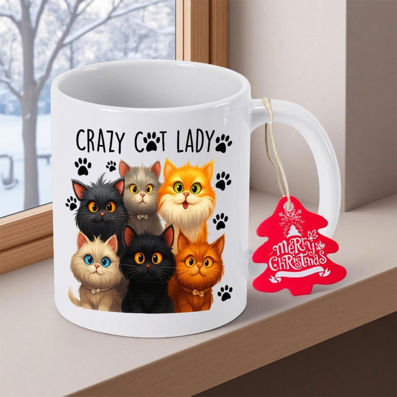 Tailorly White Ceramic 11 oz Mug - Crazy Cat Lady Adorable Cartoon Feline Group With Expressive Eyes And Decorative Black Paw Prints Cat