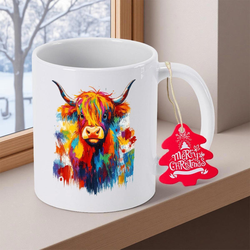 Tailorly White Ceramic 11 oz Mug - Vibrant Abstract Watercolor Splashes Creating A Majestic Long Horned Artistic Cow