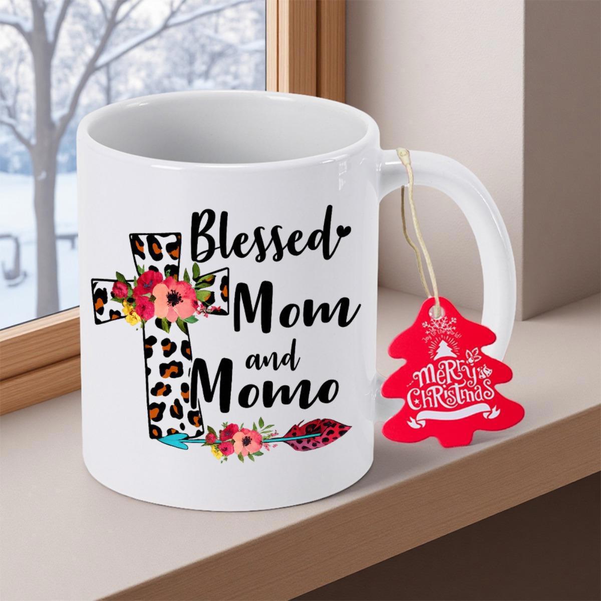 Tailorly White Ceramic 11 oz Mug - Blessed Mom And Momo Leopard Pattern Religious Cross With Blooming Flowers And Decorative Floral Arrow Cross