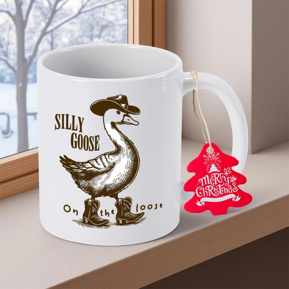 Tailorly White Ceramic 11 oz Mug - Silly Goose On The Loose Hand Drawn Illustration Wearing A Cowboy Hat And Western Boots Goose