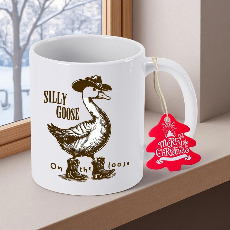 Tailorly White Ceramic 11 oz Mug - Silly Goose On The Loose Hand Drawn Illustration Wearing A Cowboy Hat And Western Boots Goose