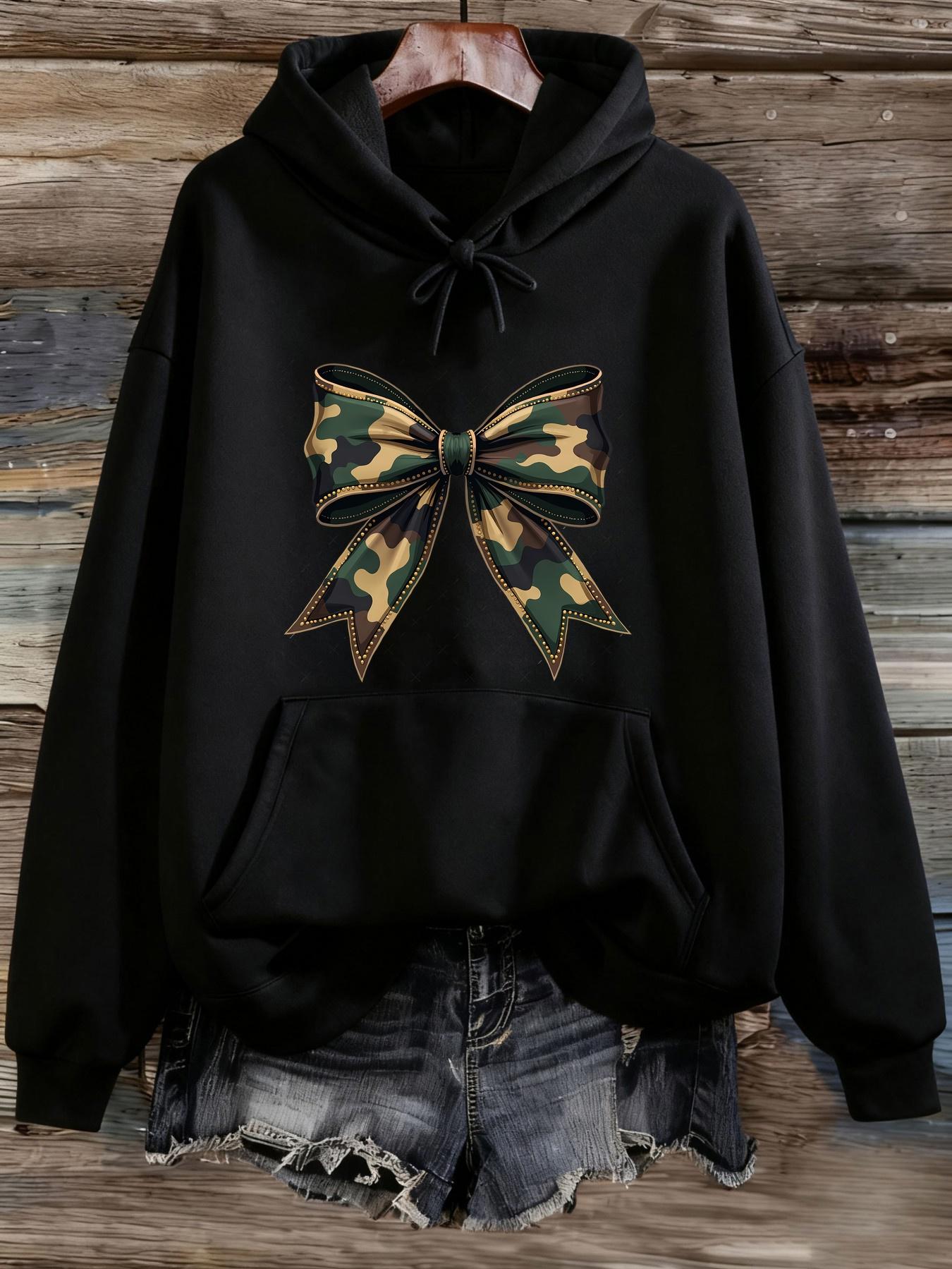 Tailorly Women's Printed Hoodie - Camouflage Patterned Satin Bow On Cozy Hoodie