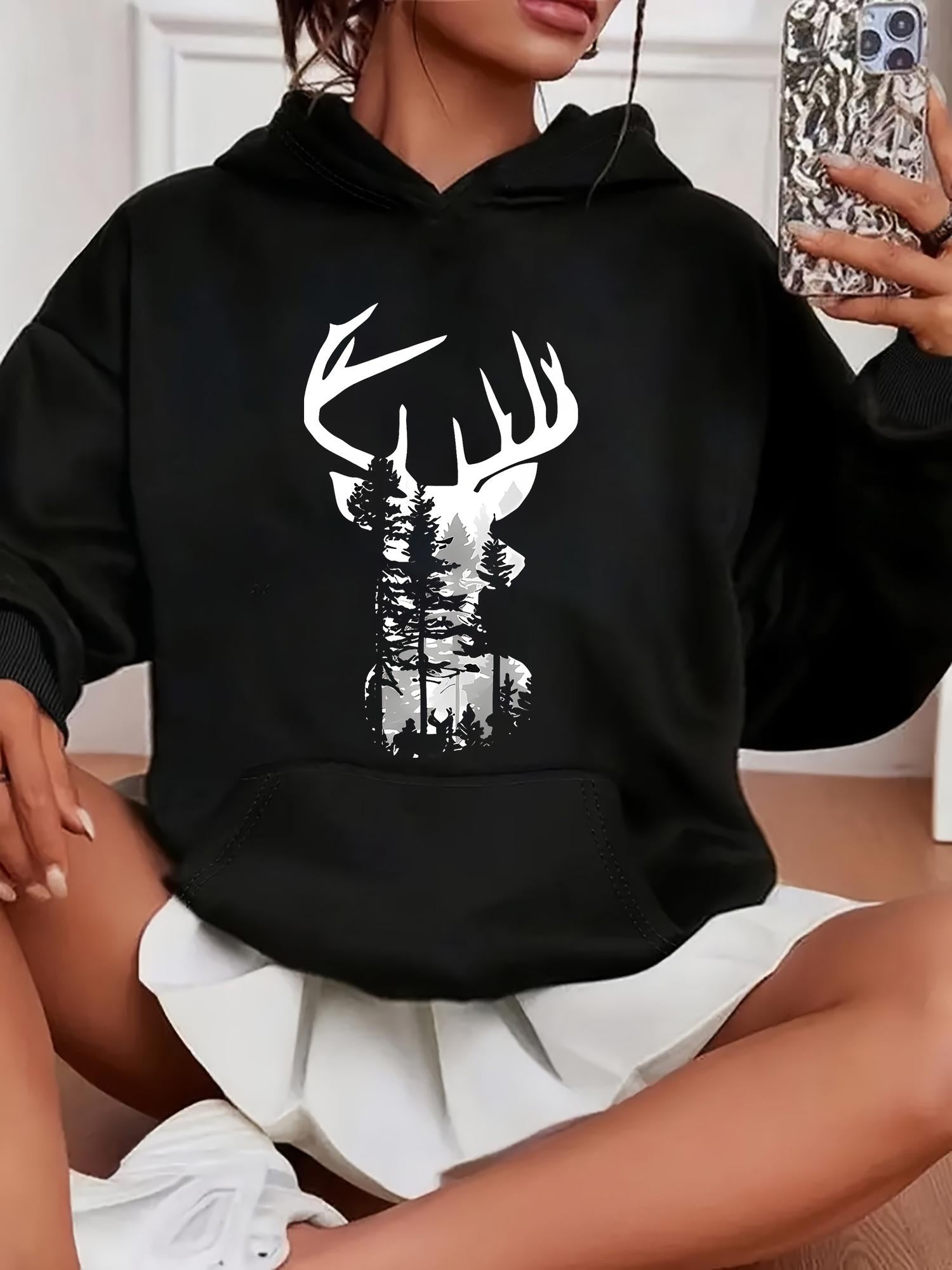 Tailorly Women's Printed Hoodie - Silhouetted Spruce Trees Reflected In Antlers Of Forest Deer