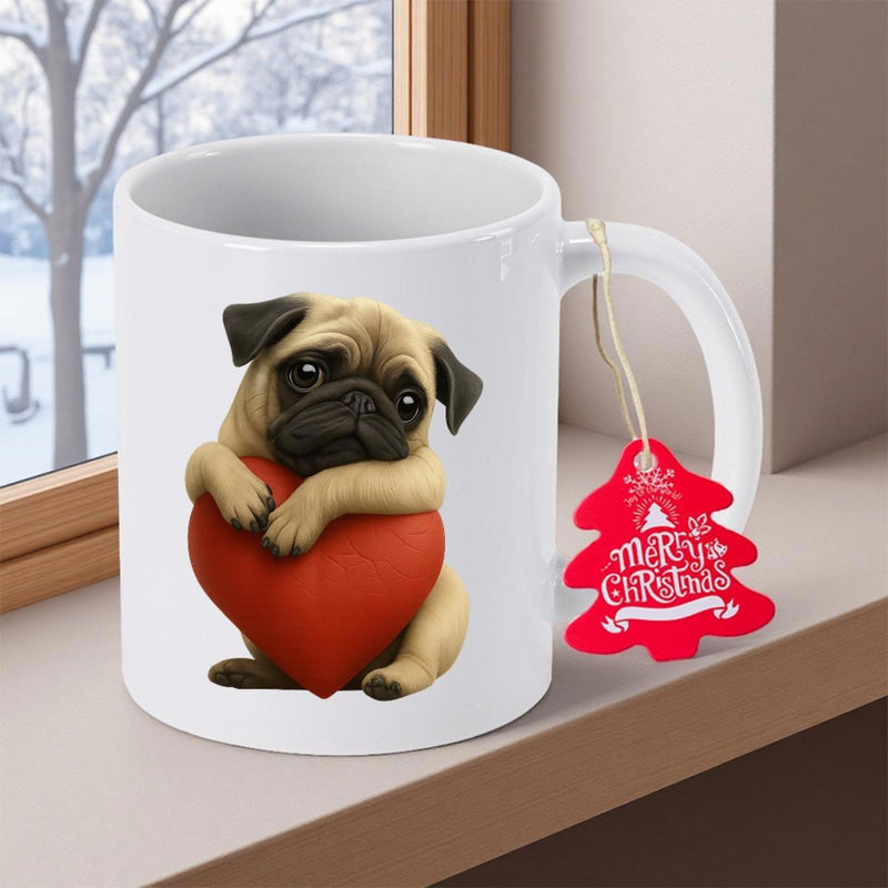 Tailorly White Ceramic 11 oz Mug - Merry Christmas Adorable Fawn Dog Holding Large Red Heart In Paws Pug