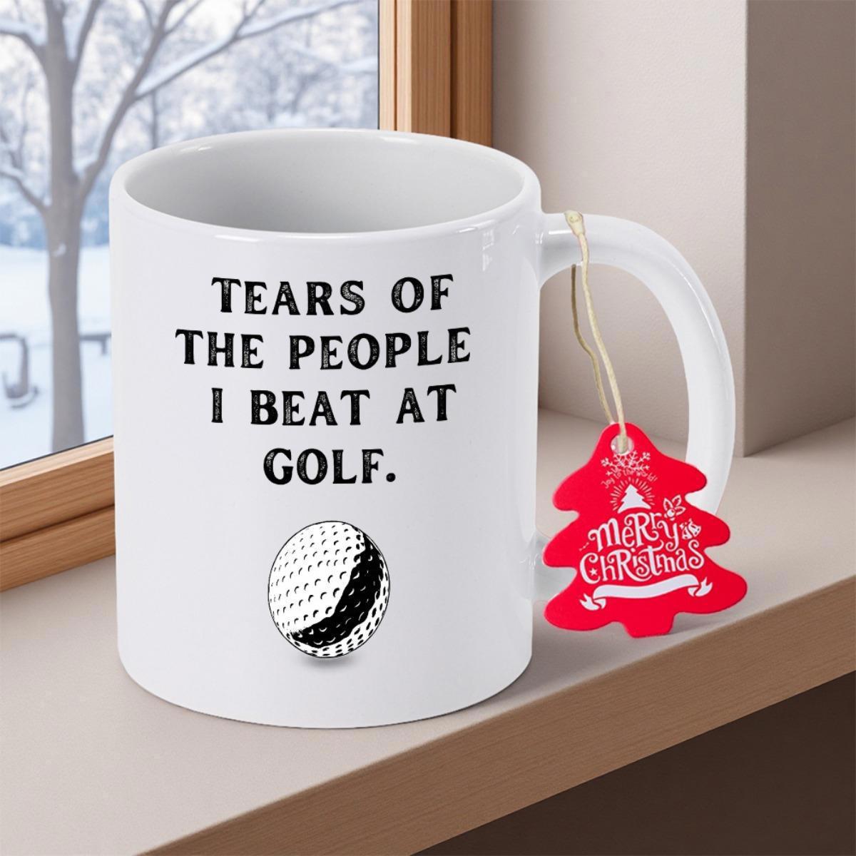 Tailorly White Ceramic 11 oz Mug - Tears Of The People I Beat At Golf Minimalist Textured Black And White Dimpled Sporting Sphere Silhouette Golf Ball
