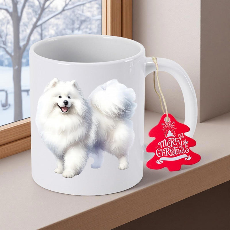 Tailorly White Ceramic 11 oz Mug - Merry Christmas Fluffy White Furry Pet Standing With Elegant Grace Samoyed