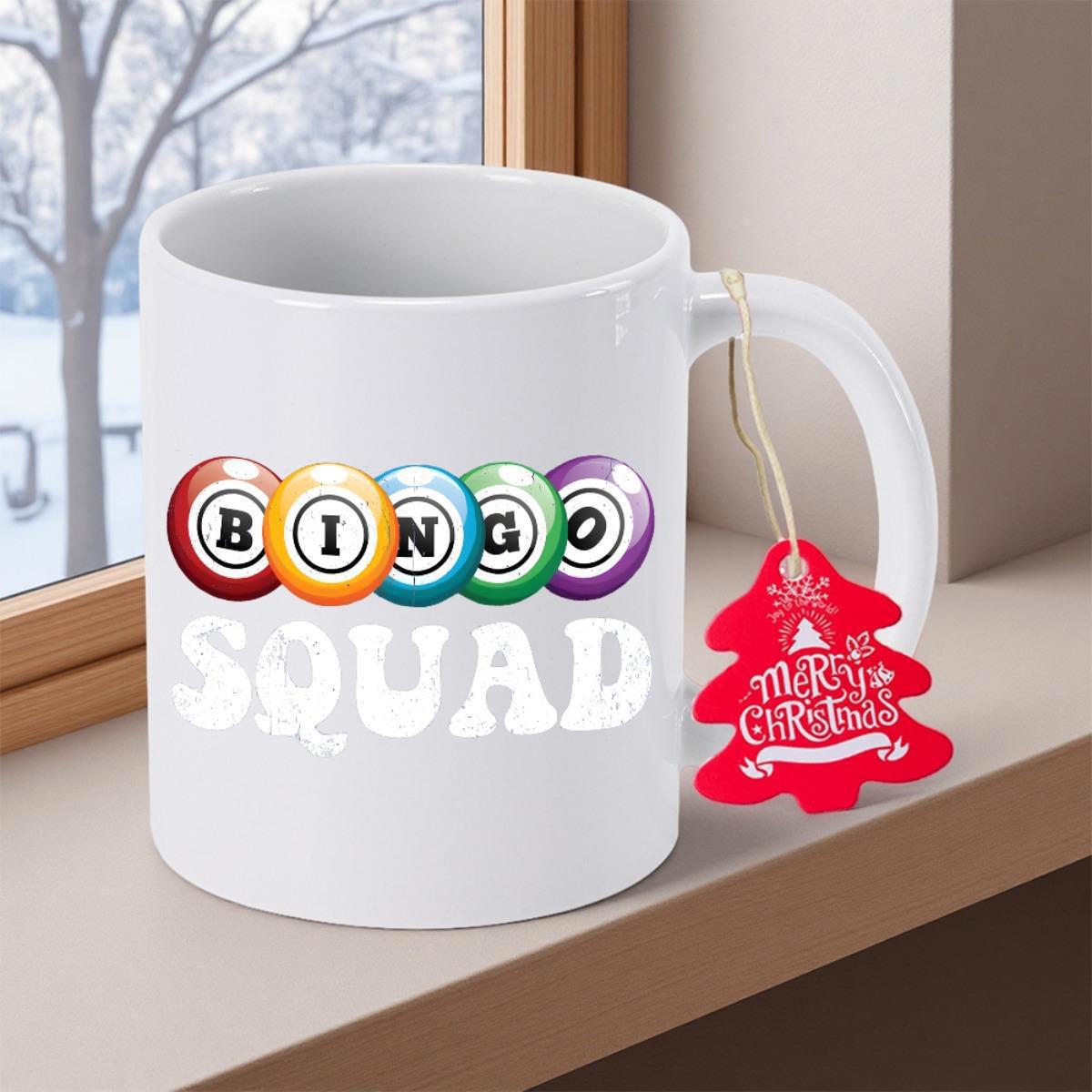 Tailorly White Ceramic 11 oz Mug - Bingo Squad Colorful Set Of Vibrant Gaming Spheres Resting Above Retro White Lettering Ball