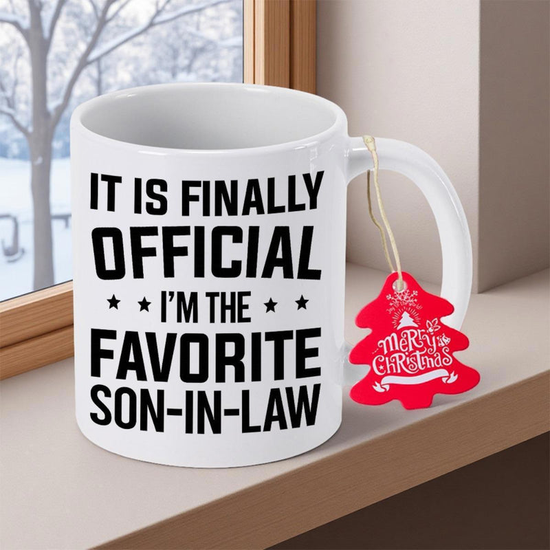 Tailorly White Ceramic 11 oz Mug - It Is Finally Official Im The Favorite Son In Law Merry Christmas Clean Featuring Bold Black Lettering And Festive Red Christmas