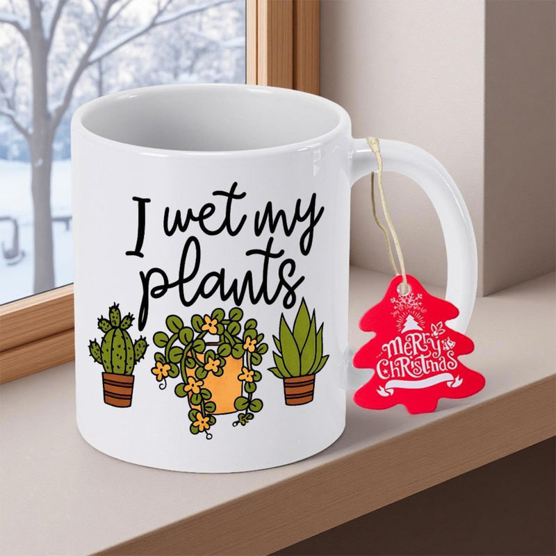 Tailorly White Ceramic 11 oz Mug - I Wet My Plants Hand Drawn Potted Green Cacti And Succulents In Small Pots Succulent