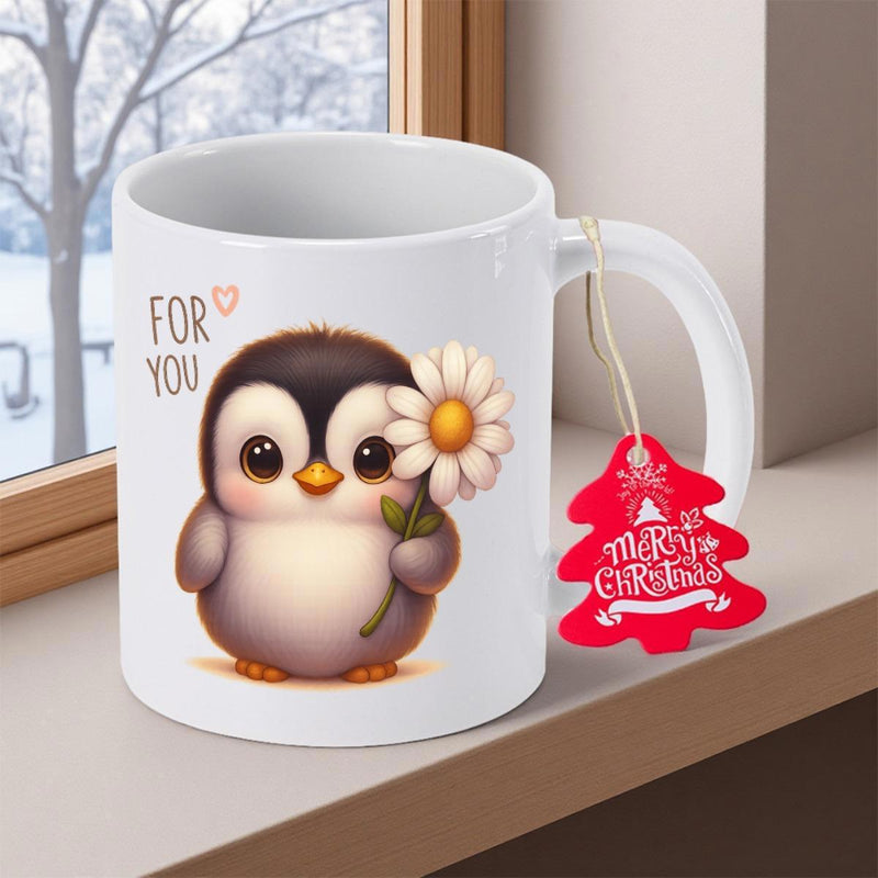 Tailorly White Ceramic 11 oz Mug - For You Adorable Baby Animal Holding A Delicate White Daisy Flower Penguin