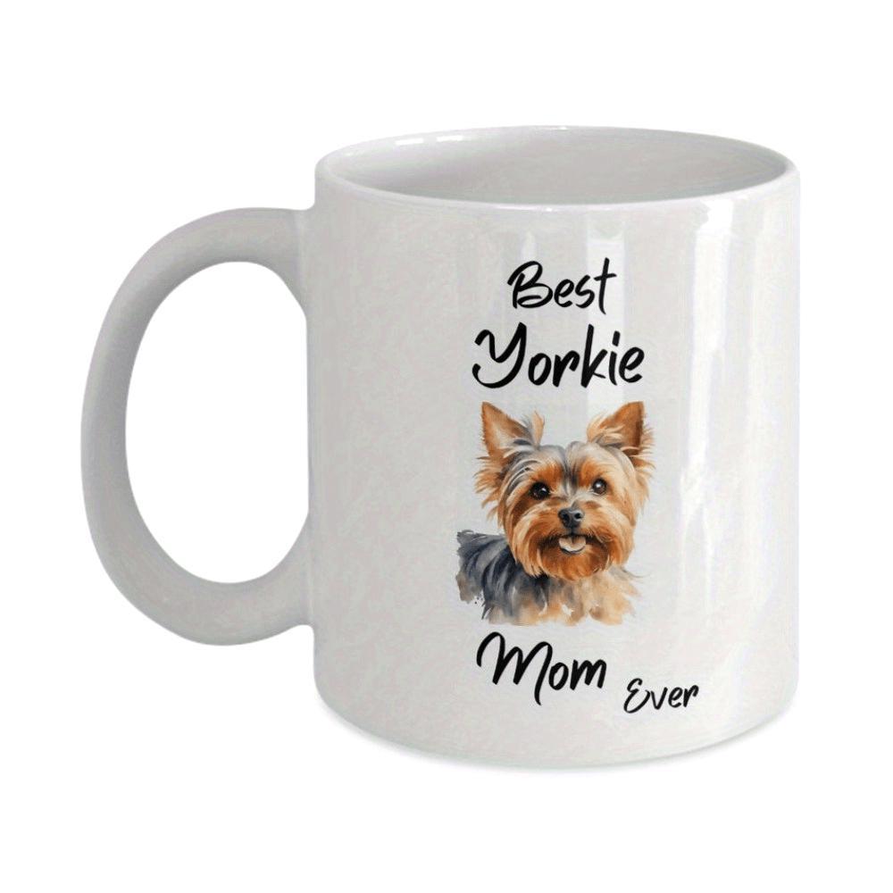 Tailorly White Ceramic 11 oz Mug - Best Yorkie Mom Ever Detailed Realistic Portrait Of A Cute Fluffy Brown Yorkshire Terrier Dog