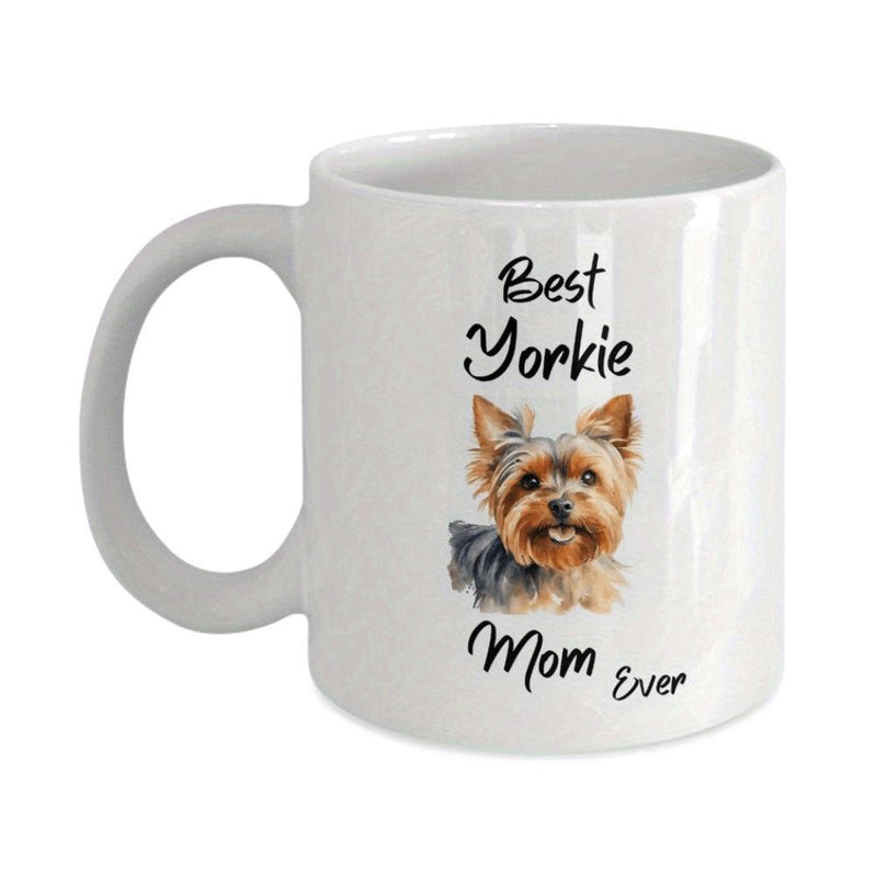 Tailorly White Ceramic 11 oz Mug - Best Yorkie Mom Ever Detailed Realistic Portrait Of A Cute Fluffy Brown Yorkshire Terrier Dog