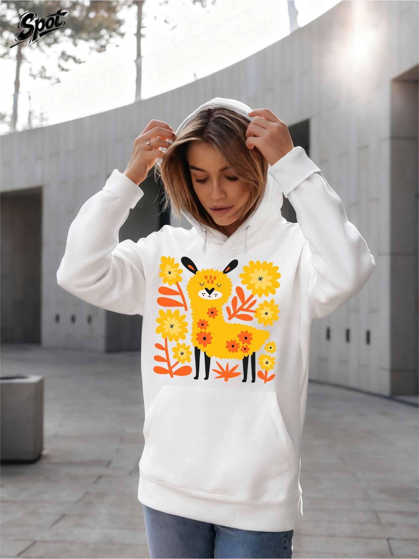 Tailorly Women's Printed Hoodie - Cheerful Flowers And Leaves With Playful Folk Art Yellow Deer