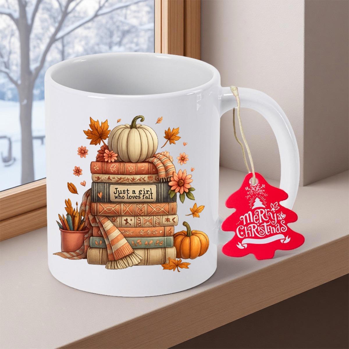 Tailorly White Ceramic 11 oz Mug - Just A Girl Who Loves Fall Merry Christmas Stacked Vintage Books With Vibrant Autumn Leaves And Pumpkins Book